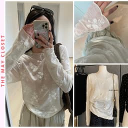 𝑨𝒏𝒏 𝑺𝒕𝒖𝒅𝒊𝒐   𝐖𝐆𝐖𝐄] Áo Thun Ren Hoa WG.WE 7350, Áo Thun Dài Tay Thêu Hoa Chất Ren Mềm Mỏng Co Giãn 1