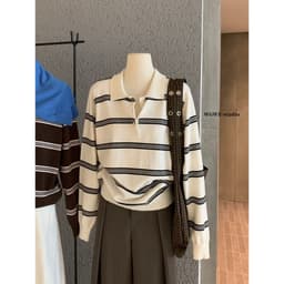 𝑨𝒏𝒏 𝑺𝒕𝒖𝒅𝒊𝒐 𝐖𝐆𝐖𝐄Áo Len Cổ Polo Dài Tay Kẻ Sọc Ngang 7245, Áo Len Nữ Tay Dài Cổ Bẻ Kẻ Màu Phong Cách Hàn Quốc 2