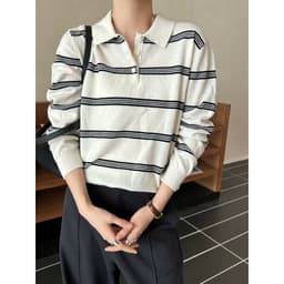 𝑨𝒏𝒏 𝑺𝒕𝒖𝒅𝒊𝒐 𝐖𝐆𝐖𝐄Áo Len Cổ Polo Dài Tay Kẻ Sọc Ngang 7245, Áo Len Nữ Tay Dài Cổ Bẻ Kẻ Màu Phong Cách Hàn Quốc 7