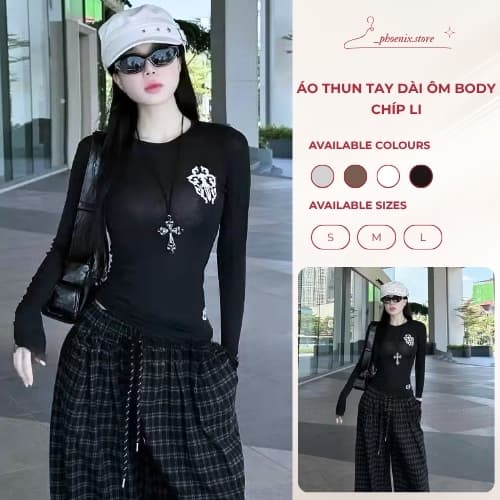 Áo thun ôm body tay dài thắt eo in chữ thập phong cách thu đông PHOENIX.STORE