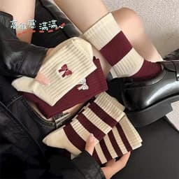 Tất Nữ Cổ Cao Hình Nơ Đen Trắng Xám Đen Mỏng Nhẹ Phối Giày Búp Bê Mary Jane Đỏ Kẻ Ngang 3