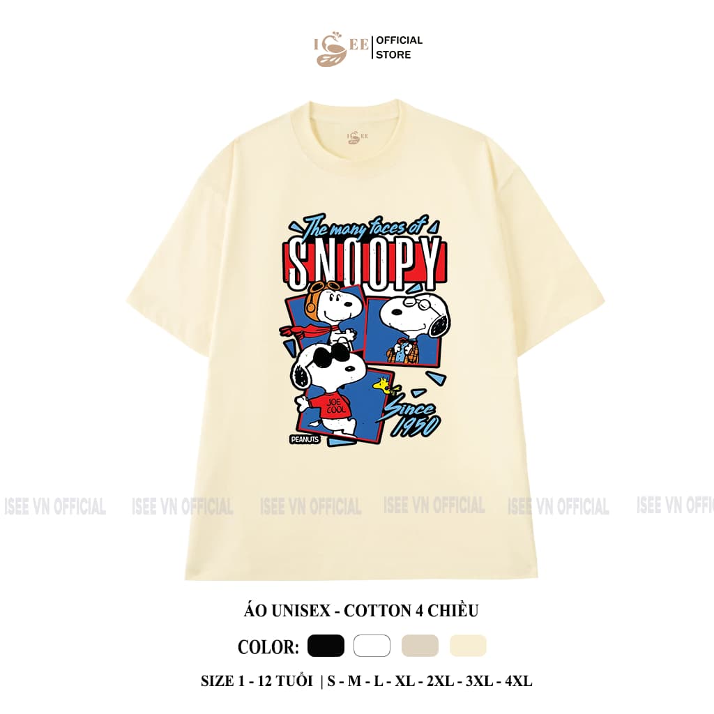 (Có áo người lớn) áo thun snoopy, áo phông hoạt hình snoopy, áo thun cho bé trai, bé gái mềm mịn ISEE VN SP03