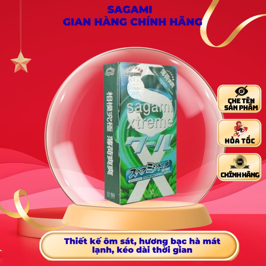 Bao cao su Sagami Xtreme Spearmint, hương bạc hà mát lạnh, kéo dài thời gian, Hộp 10 cái