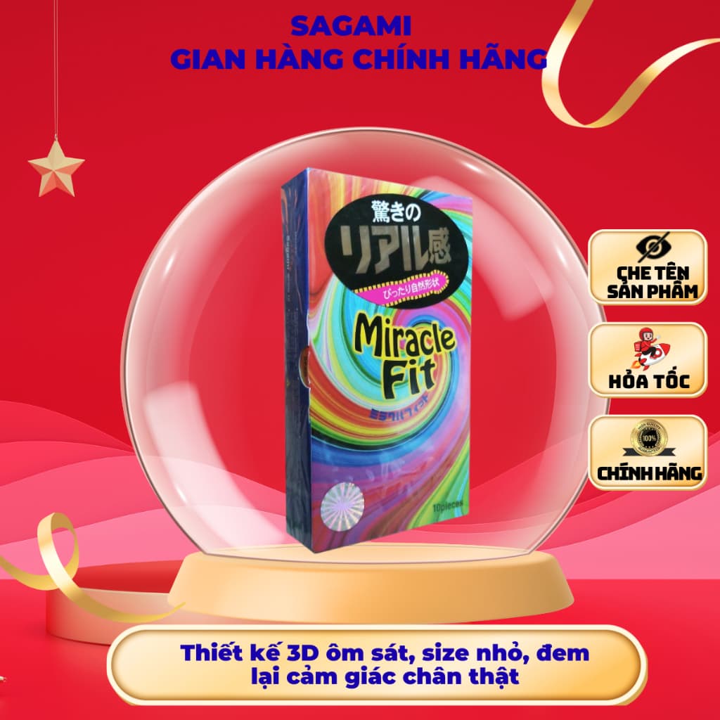 Bao cao su Sagami Miracle Fit, Thiết kế 3D siêu mỏng, Size nhỏ,  Ôm khít, Hộp 10 cái