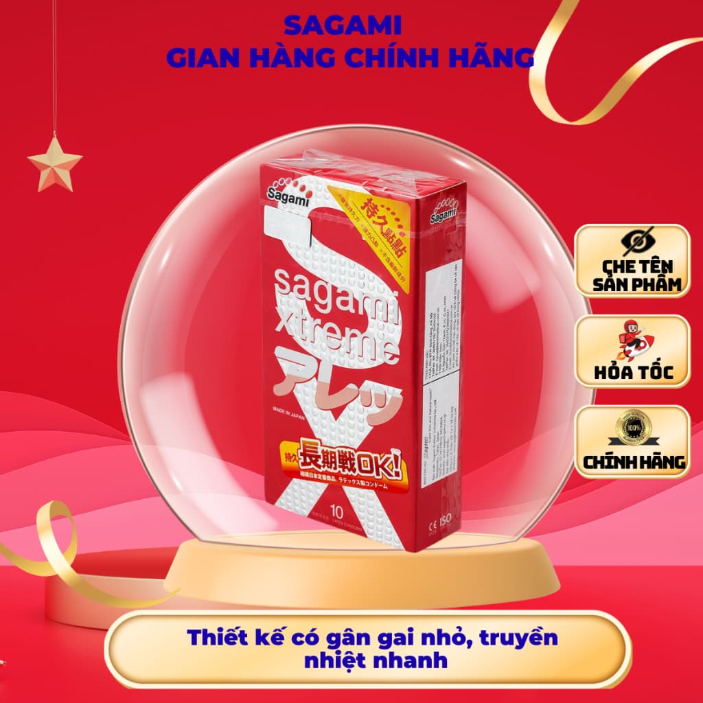 Bao Cao Su Sagami Xtreme Feel Long, Thiết kế siêu mỏng, gân gai nhỏ, truyền nhiệt nhanh, Hộp 10 cái