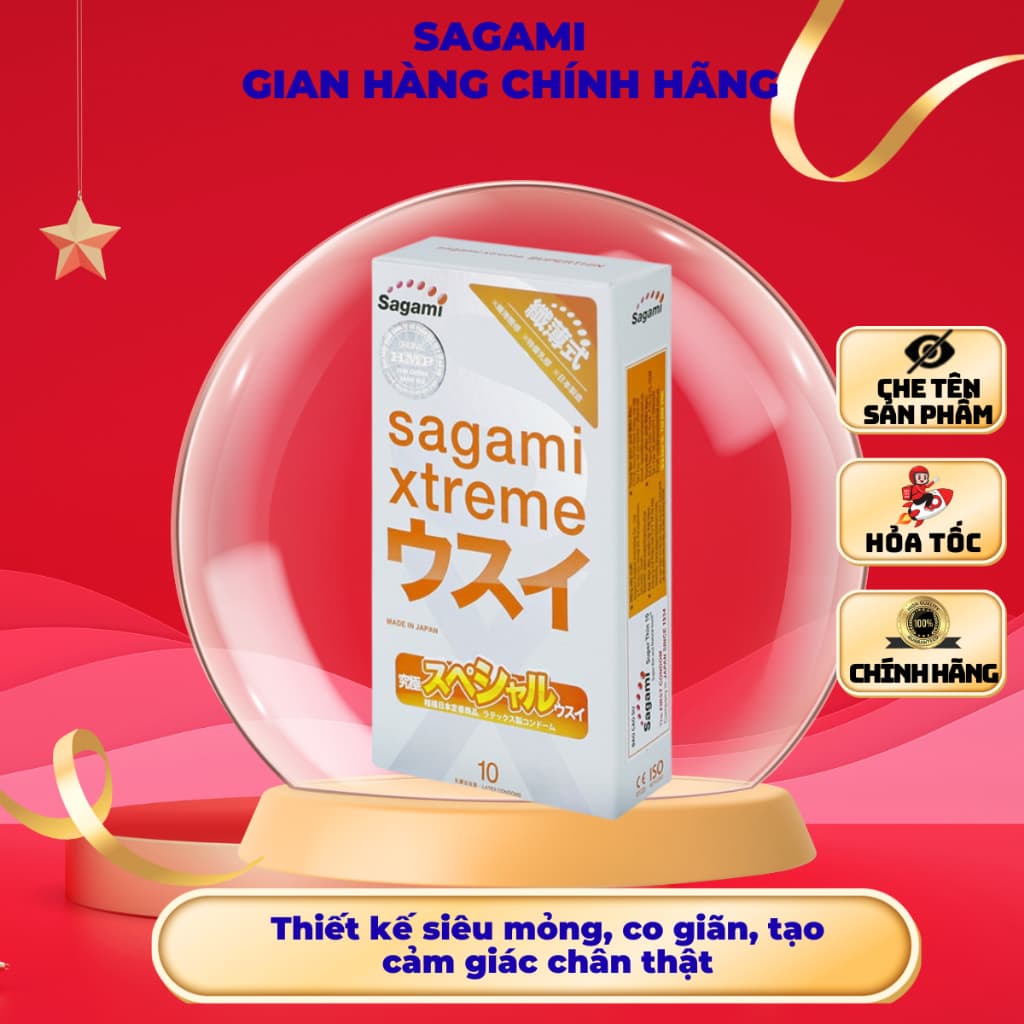 Bao cao su Sagami Xtreme SuperThin, Thiết kế siêu mỏng, co giãn tạo cảm giác chân thật, Hộp 10 cái