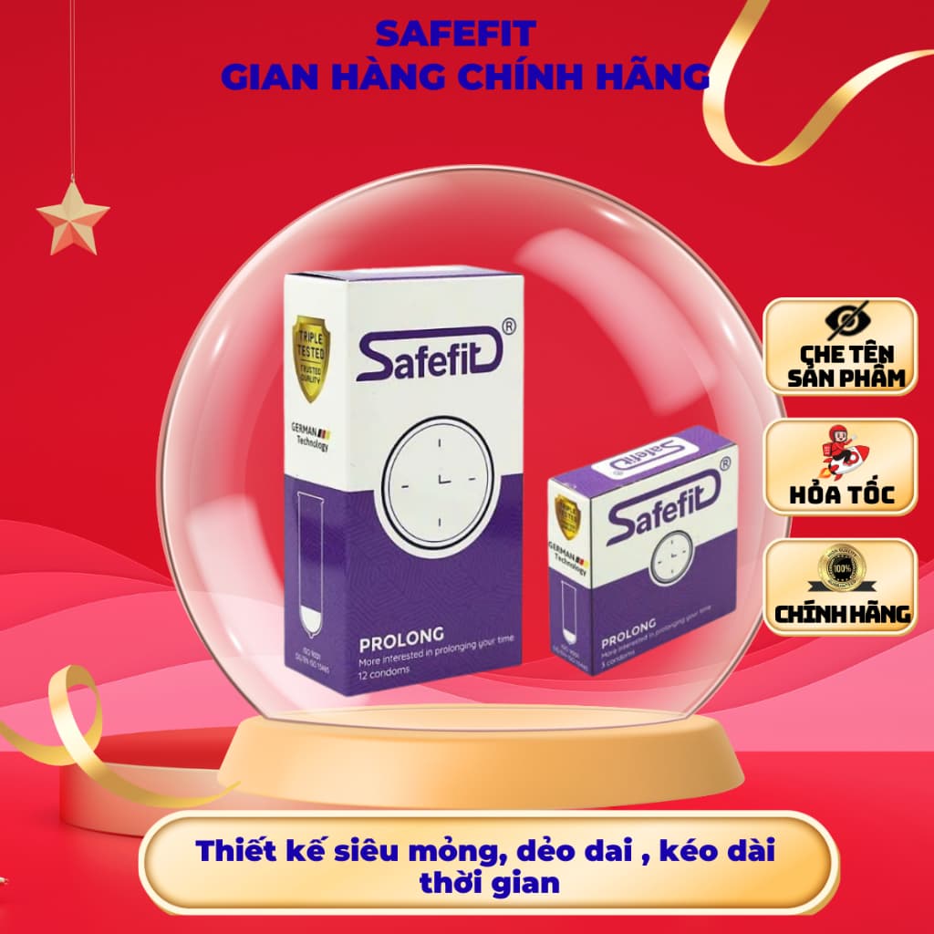 Bao cao su Safefit Prolong, Thiết kế siêu mỏng, co giãn tốt, kéo dài thời gian quan hệ, Hộp 3 - 12c