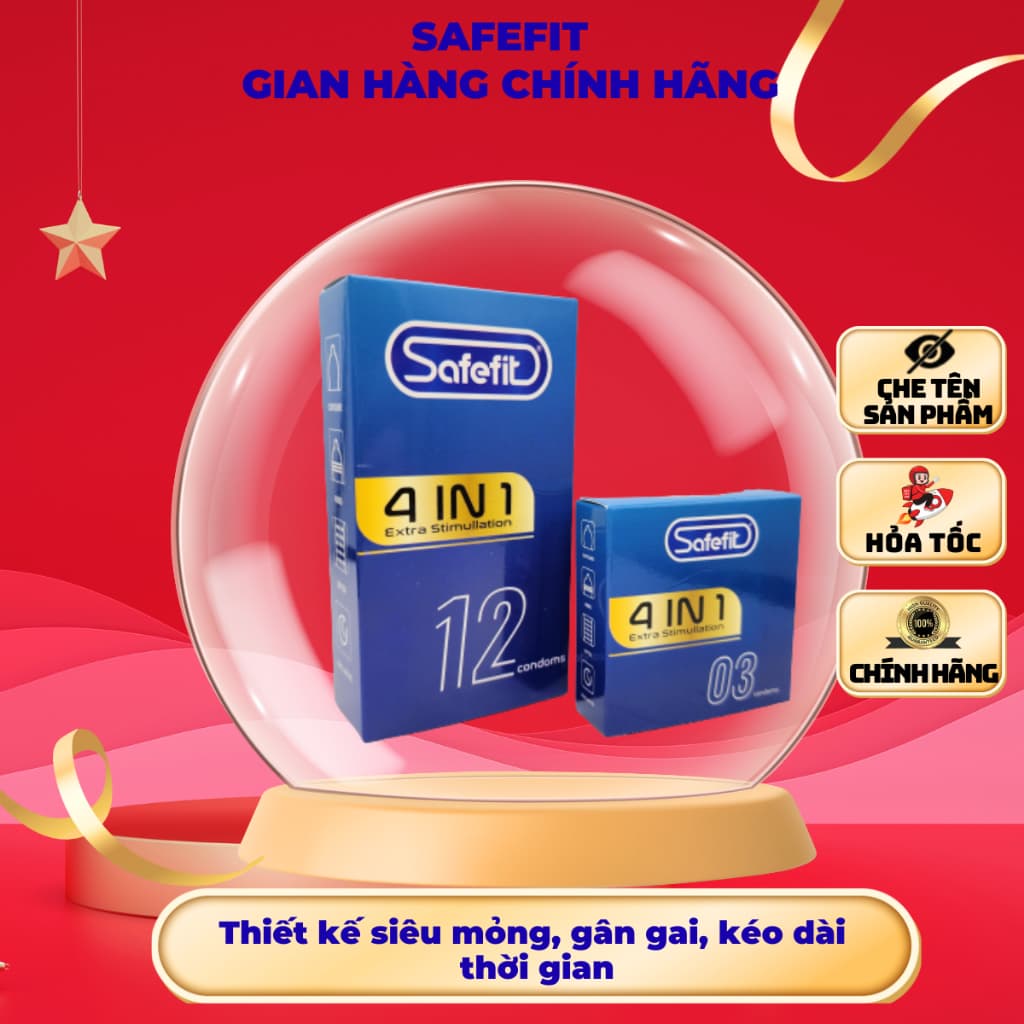 Bao cao su Safefit 4in1, Thiết kế siêu mỏng, có gân gai li ti, kéo dài thời gian quan hệ