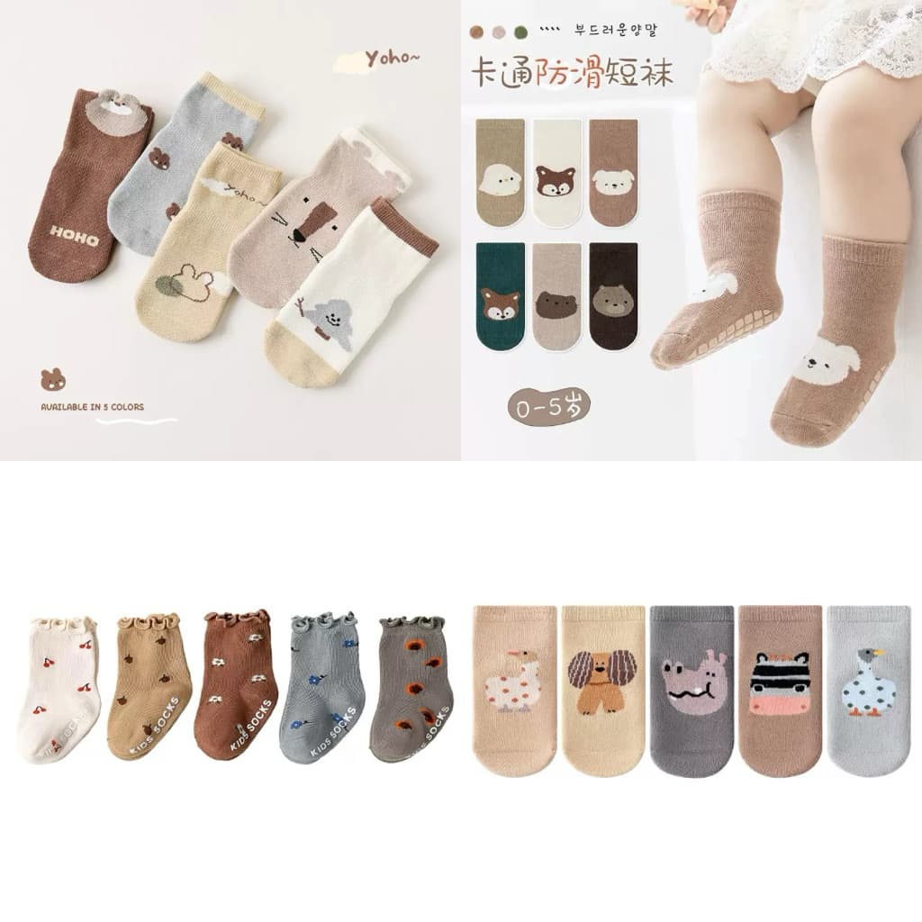 Tổng hợp tất mùa lạnh trẻ em -  Set 5 Tất Vớ Cổ Cao Hình Thú Đế Cao Su Chống Trượt Cho Bé 0-2 tuổi