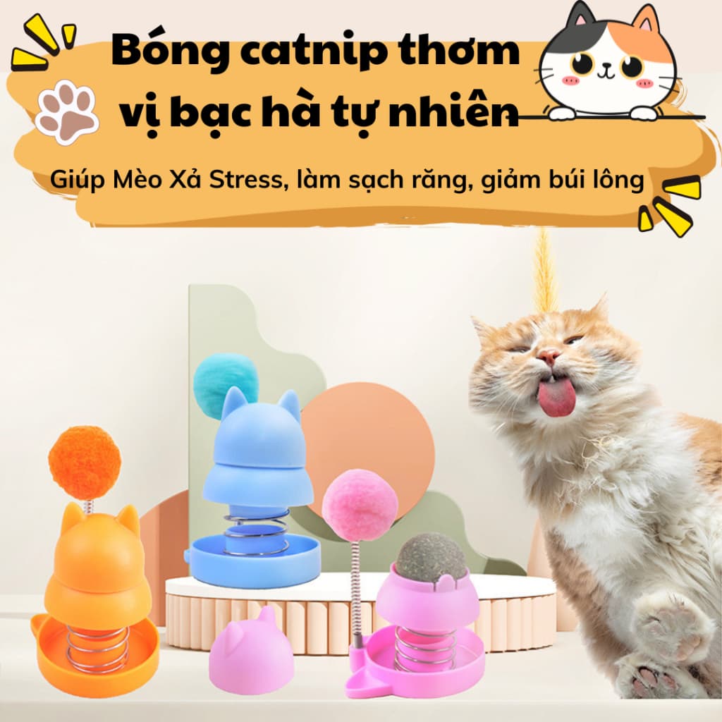 Đồ Chơi Mèo 🍃 Viên Catnip Lò Xo & Bóng Mềm – Giúp Làm Sạch Răng, Giảm Stress (Màu ngẫu nhiên)
