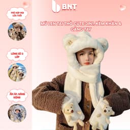 Mũ Len Tai Thỏ Cute 3in1, Kèm Khăn & Găng Tay, Mũ Len Nữ Mùa Đông, Khăn Mũ Len Giữ Ấm, Quà Tặng Dễ Thương 1