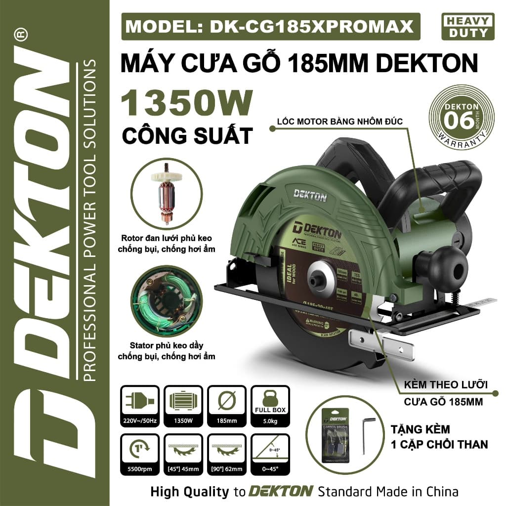 Máy cưa gỗ DEKTON DK-CG185XPROMAX, 1350w, Lưỡi 185mm, Stator Rotor phủ keo chống bụi - chống ẩm