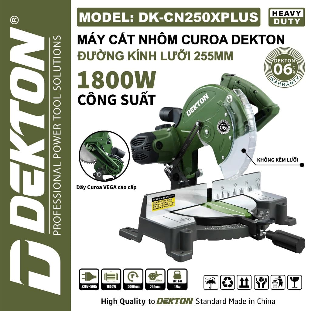 Máy cắt nhôm DEKTON DK-CN250XPLUS, Công suất 1800w, Dùng lưỡi 255mm, Dây curoa Vega