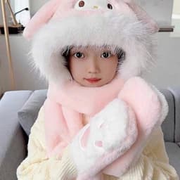 Mũ len lông cừu cho bé, mũ chùm đầu giữ ấm 3 trong 1 kèm khăn quàng cổ và găng tay hoạ tiết kuromi 3