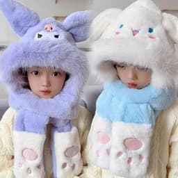 Mũ len lông cừu cho bé, mũ chùm đầu giữ ấm 3 trong 1 kèm khăn quàng cổ và găng tay hoạ tiết kuromi 7