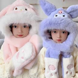 Mũ len lông cừu cho bé, mũ chùm đầu giữ ấm 3 trong 1 kèm khăn quàng cổ và găng tay hoạ tiết kuromi 1