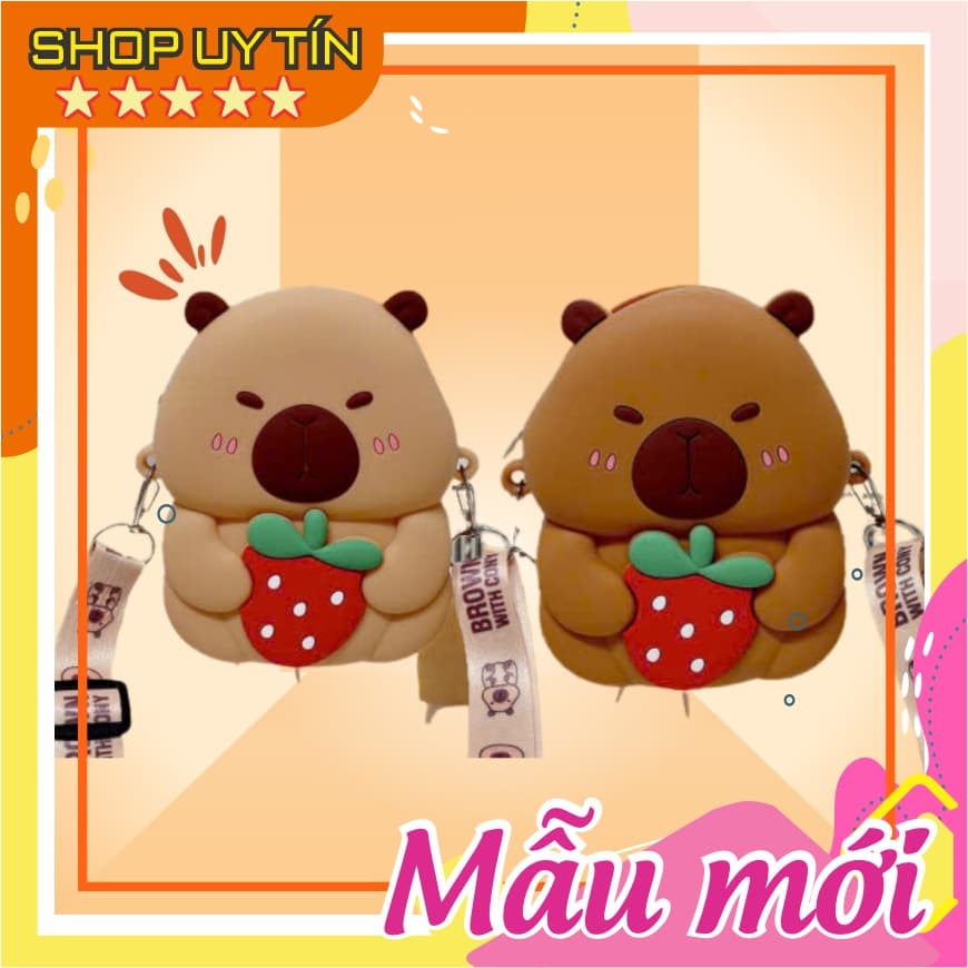 [Mới] Túi xách đeo chéo silicon hình chuột capybara dâu tây thời trang dễ thương bé trai gái đựng lì xì, túi tỏi