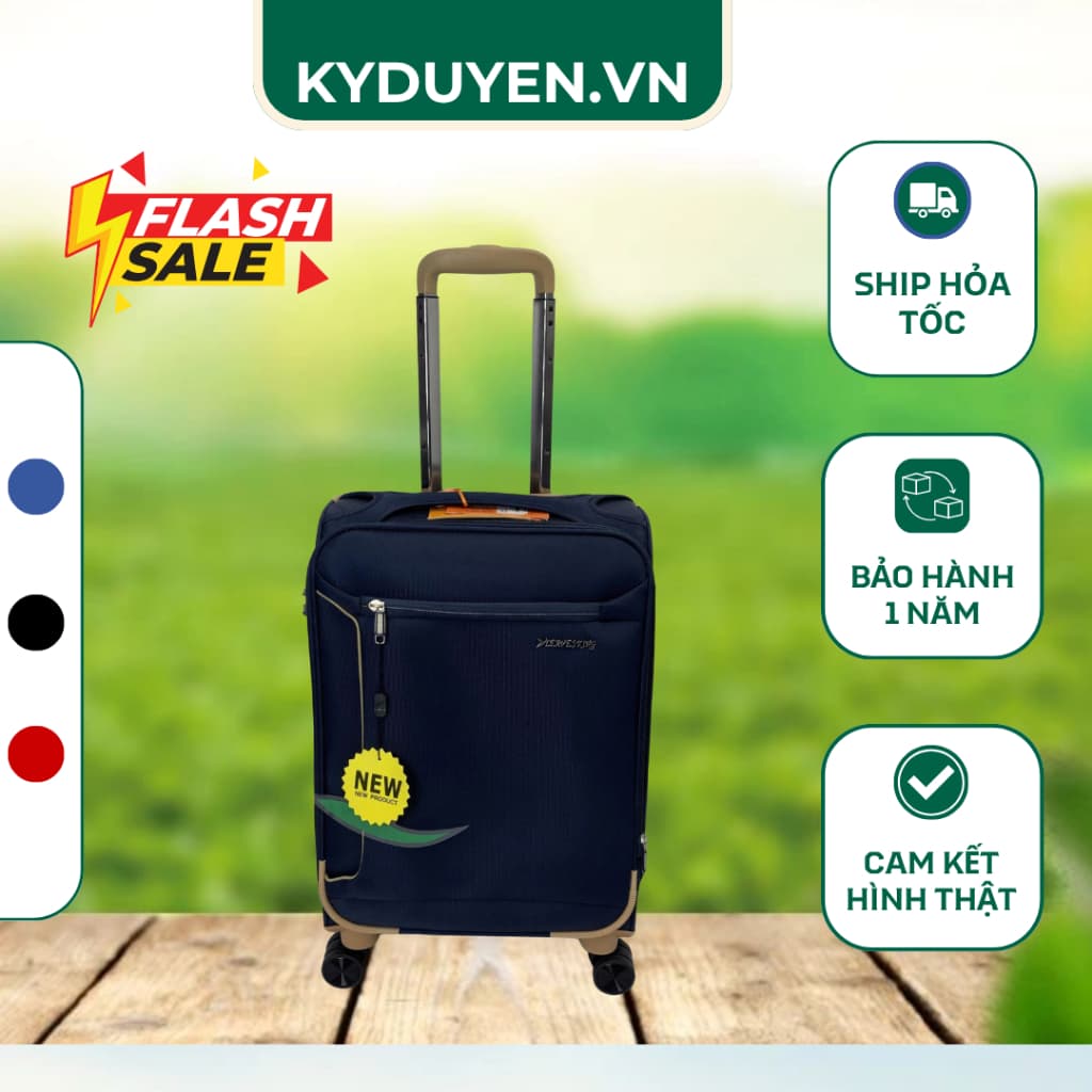 Vali Vải LEAVES 9068 KING Cao Cấp, Size 20 Cabin, Phối Màu Xanh Navy - Vàng Đồng, Khóa Số An Toàn, Bánh Xe Kép 360 Độ