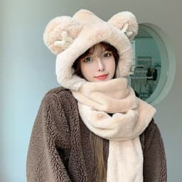 Mũ lông mềm trùm đầu tai gấu kèm khăn và bao tay 3in1 cao cấp giữ ấm mùa đông 4