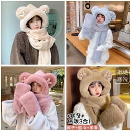 Mũ lông mềm trùm đầu tai gấu kèm khăn và bao tay 3in1 cao cấp giữ ấm mùa đông 2