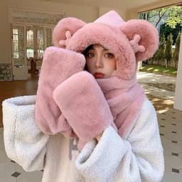 Mũ lông mềm trùm đầu tai gấu kèm khăn và bao tay 3in1 cao cấp giữ ấm mùa đông 5