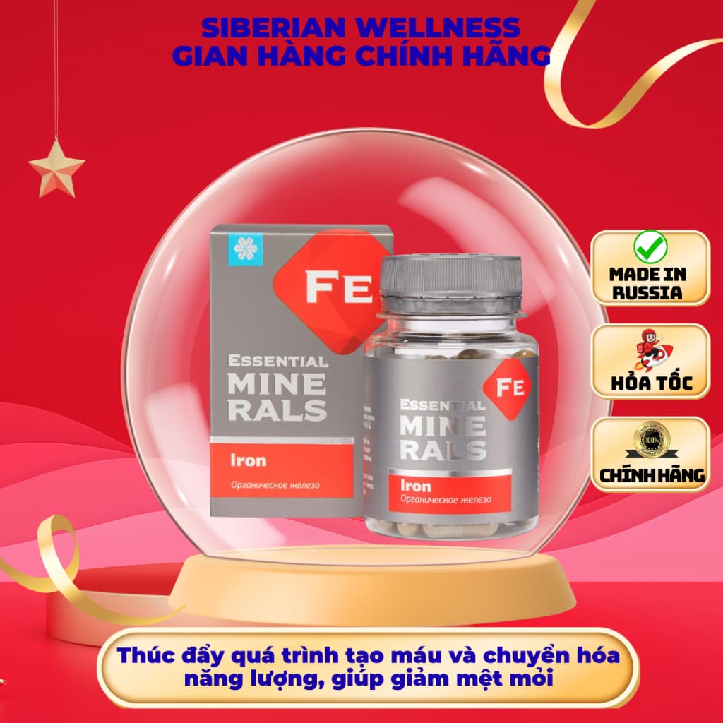 Thực phẩm Siberian Wellness Iron sắt, Hỗ trợ tạo máu, giúp chuyển hóa năng lượng, Hộp 60 viên