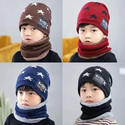 Set mũ len kèm khăn hình ngôi sao lót lông siêu ấm cho bé trai bé gái 3–7 tuổi mũ liền khăn chống gió thời trang 2