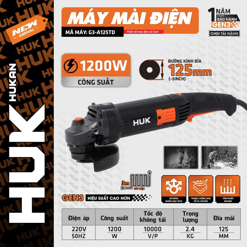 [Lưỡi 125mm] Máy mài điện cầm tay Gen3 HUKAN G3-A125TD,Công suất khủng 1200w, 6 cấp tốc độ