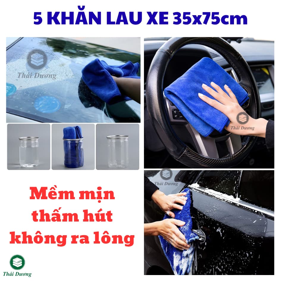 Combo 5 khăn lau xe KT 35x75c, 30x50cm, 30x30cm: lau ô tô, xe hơi, xe máy. Mềm mại, thấm hút, không ra lông
