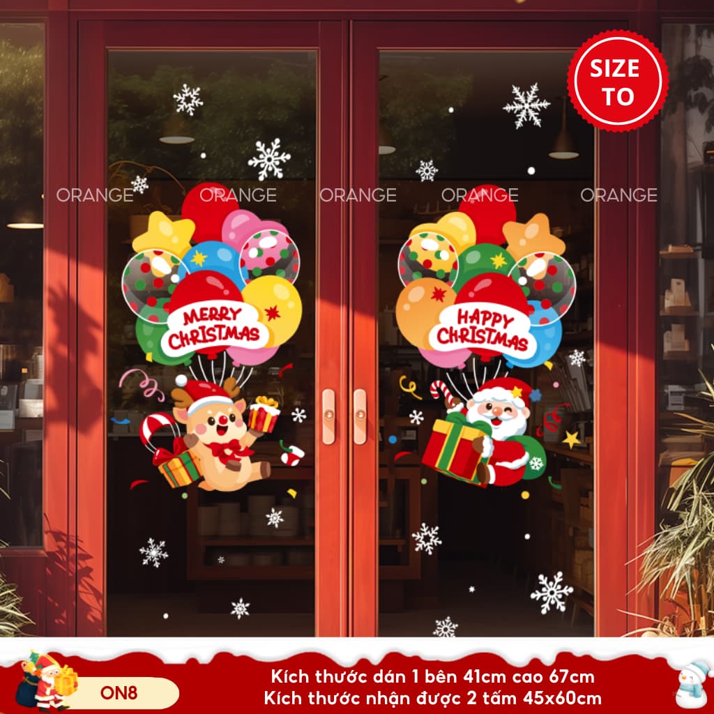 Decal noel 2026 trang trí giáng sinh hút tĩnh điện 2 mặt màu dán kính, dễ dán gỡ, không cần keo mã ON8