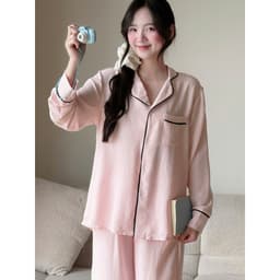 MB-SET-015 Maybee.Homedress Bộ Ngủ Dài Tay Trơn Viền Né, Dáng Rộng – Vải Đũi Mềm Mịn, Thoải Mái 6
