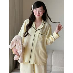 MB-SET-015 Maybee.Homedress Bộ Ngủ Dài Tay Trơn Viền Né, Dáng Rộng – Vải Đũi Mềm Mịn, Thoải Mái 5