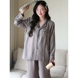MB-SET-015 Maybee.Homedress Bộ Ngủ Dài Tay Trơn Viền Né, Dáng Rộng – Vải Đũi Mềm Mịn, Thoải Mái 2