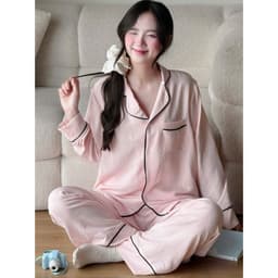 MB-SET-015 Maybee.Homedress Bộ Ngủ Dài Tay Trơn Viền Né, Dáng Rộng – Vải Đũi Mềm Mịn, Thoải Mái 9