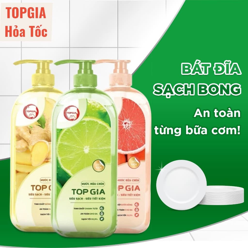 Nước rửa chén TopGia hương chanh, gừng, bưởi chiết xuất tự nhiên, làm sạch dầu mỡ và bảo vệ da tay hiệu quả.
