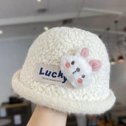 Mũ lông mềm hình thỏ dễ thương cho bé, mũ len bucket phong cách Hàn Quốc, phối chữ Lucky nổi bật, giữ ấm mùa đông 3