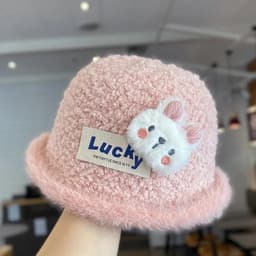 Mũ lông mềm hình thỏ dễ thương cho bé, mũ len bucket phong cách Hàn Quốc, phối chữ Lucky nổi bật, giữ ấm mùa đông 2