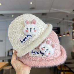 Mũ lông mềm hình thỏ dễ thương cho bé, mũ len bucket phong cách Hàn Quốc, phối chữ Lucky nổi bật, giữ ấm mùa đông 7