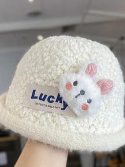 Mũ lông mềm hình thỏ dễ thương cho bé, mũ len bucket phong cách Hàn Quốc, phối chữ Lucky nổi bật, giữ ấm mùa đông 11