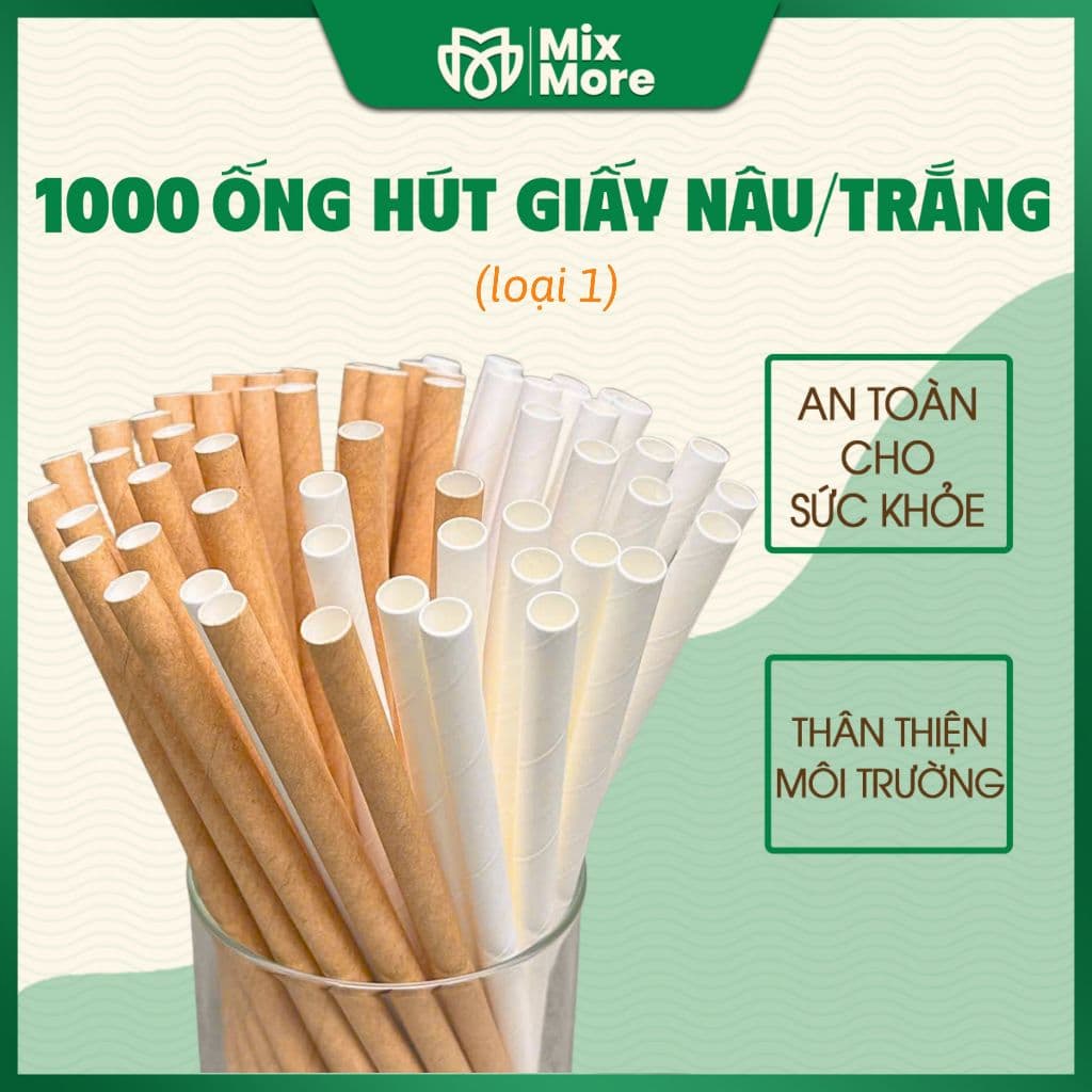 1000 ống hút giấy loại 1, giấy kraft cao cấp, 3 lớp dày, 3 size, dùng tại quán, take away Mixmore