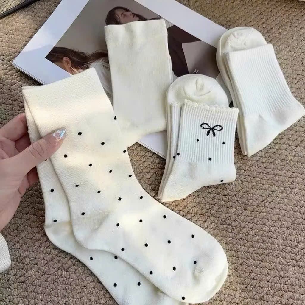 🌸FREESHIP🌸Sét 10 ĐÔI TẤT NƠ CỔ CAO hoạ tiết chấm bi, nơ đen CHO NỮ SIÊU ĐẸP