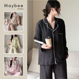 MB-SET-015 Maybee.Homedress Bộ Ngủ Dài Tay Trơn Viền Né, Dáng Rộng – Vải Đũi Mềm Mịn, Thoải Mái 1