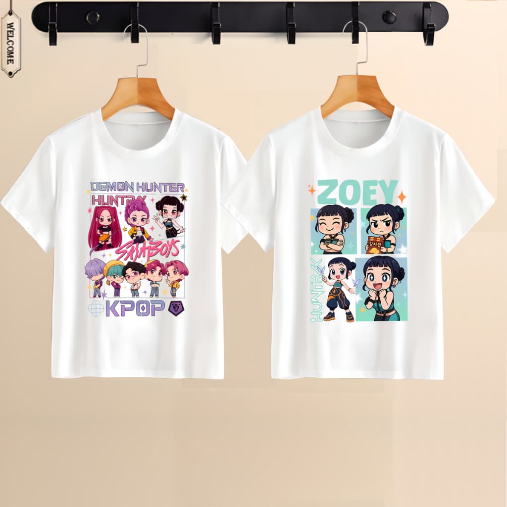 Áo Thun Anime KPop Demon Hunter Màu Trắng In Hình Mira | Zoey | Rumi Đủ Size Từ 10kg