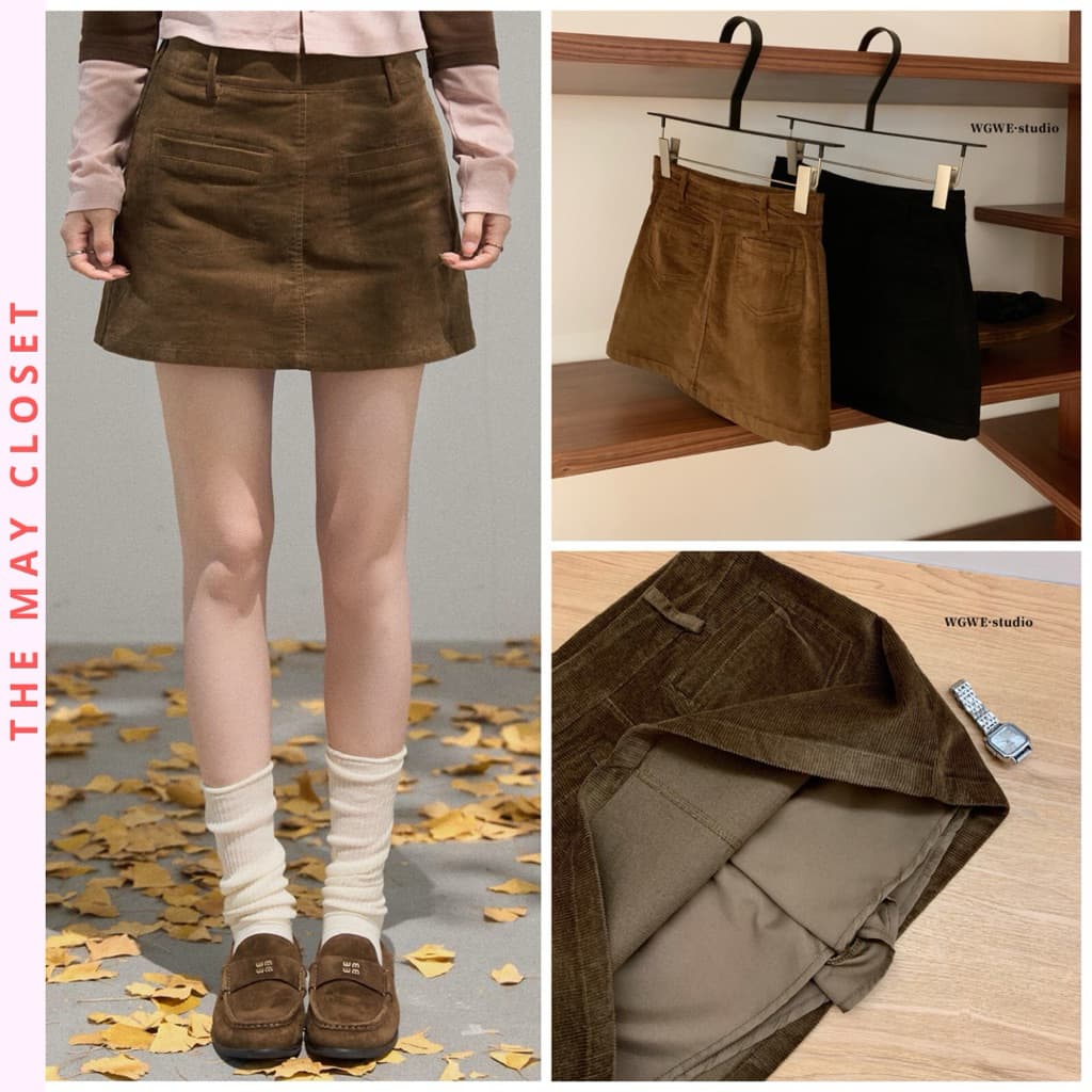 [𝑻𝒉𝒆𝑴𝒂𝒚 x 𝐖𝐆𝐖𝐄] Chân Váy Nhung Ngắn WG.WE 7464, Chân Váy Mini Nữ Dáng Chữ A Cạp Cao Chất Nhung Kẻ Màu Nâu Retro