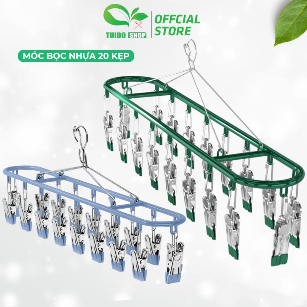 Móc bọc nhựa 20 kẹp​​ ​​Thép không gỉ, ​​Dụng cụ sắp xếp quần áo chống gió​​ TUIDO SHOP