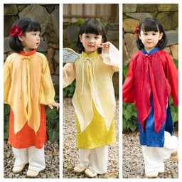 Áo dài thêu cho bé gái 3 màu vàng , đỏ, xanh chất liệu lụa Vân Châu cao cấp - đủ size cho bé tới 48 ký 9