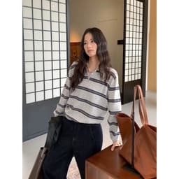 𝑨𝒏𝒏 𝑺𝒕𝒖𝒅𝒊𝒐 𝐖𝐆𝐖𝐄Áo Len Cổ Polo Dài Tay Kẻ Sọc Ngang 7245, Áo Len Nữ Tay Dài Cổ Bẻ Kẻ Màu Phong Cách Hàn Quốc 9