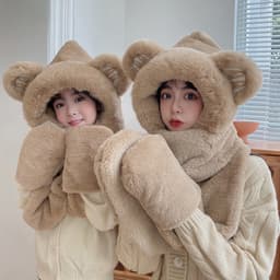 Mũ lông mềm trùm đầu tai gấu kèm khăn và bao tay 3in1 cao cấp giữ ấm mùa đông 8