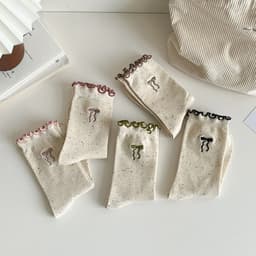 Set 10 Đôi Vớ Nữ Cổ Cao Cotton Viền Bèo Ren Thêu Hình Nơ Nhỏ Xinh - Tất Cổ Bèo Thanh Lịch Dễ Phối Đồ Hàn Quốc 9