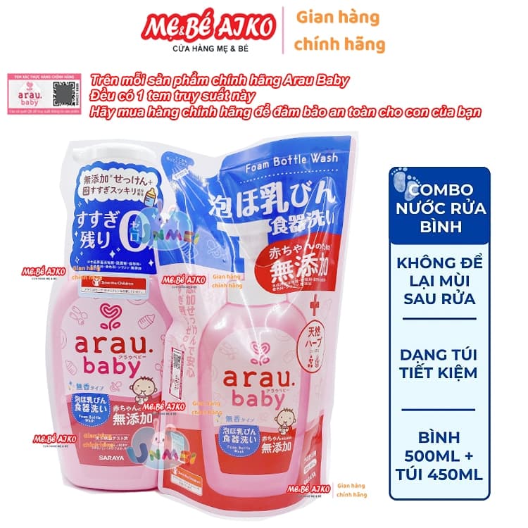 [Chính Hãng] Combo Nước Rửa Bình Sữa Thảo Mộc Arau Baby Bình 500ml và Túi 450ml